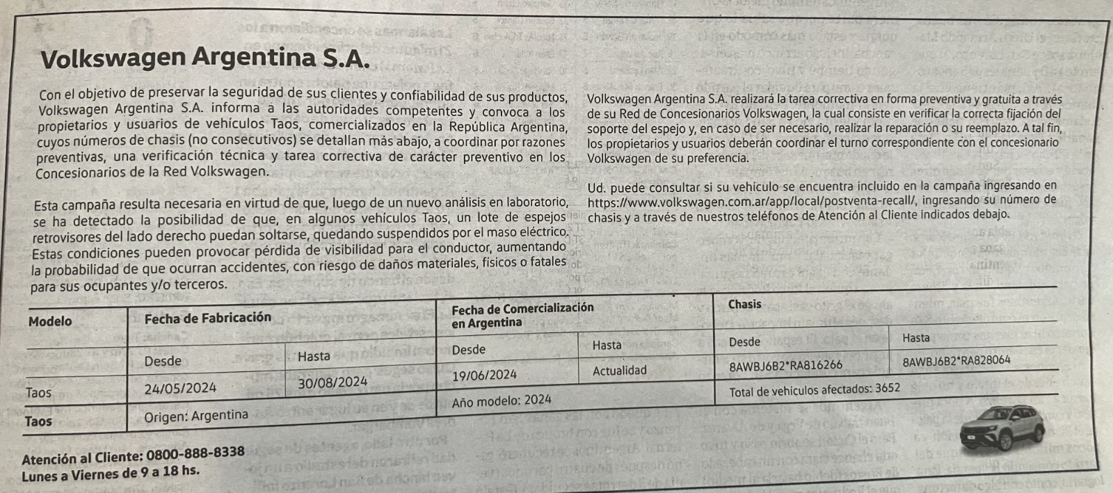Recall VW Taos 2023