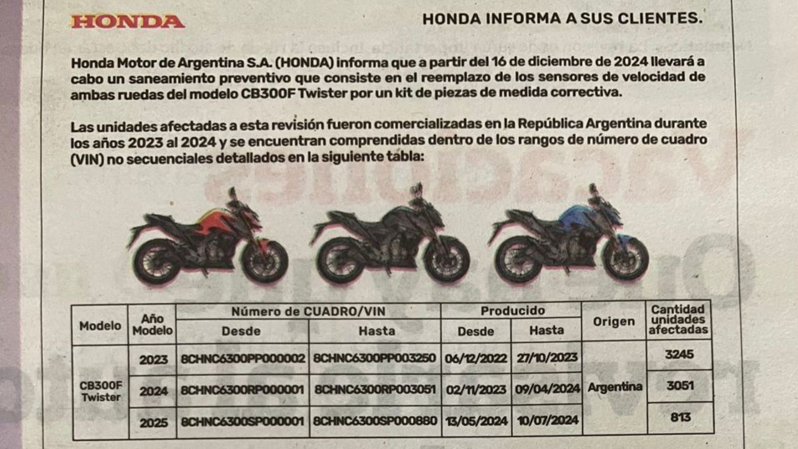Recall para la Honda CB300F Twister